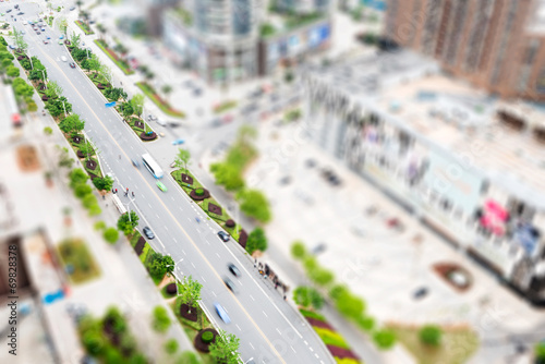 Aerial views of the city with tilt-shift effect