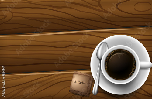A topview of a table with a cup of coffee