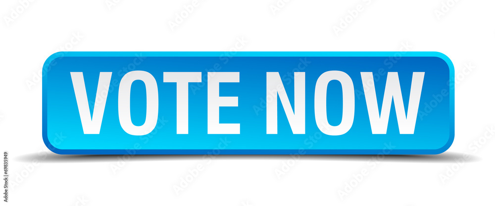 Vote now blue 3d realistic square isolated button