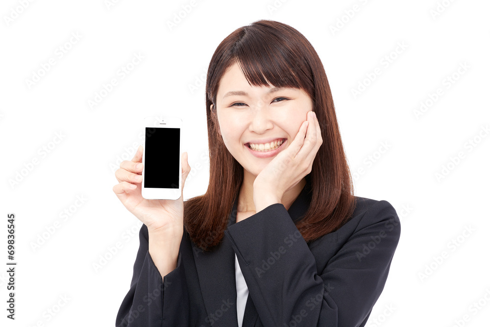 スマートフォンを見せて笑うビジネスウーマン スマートフォンを見せて笑うビジネスウーマン