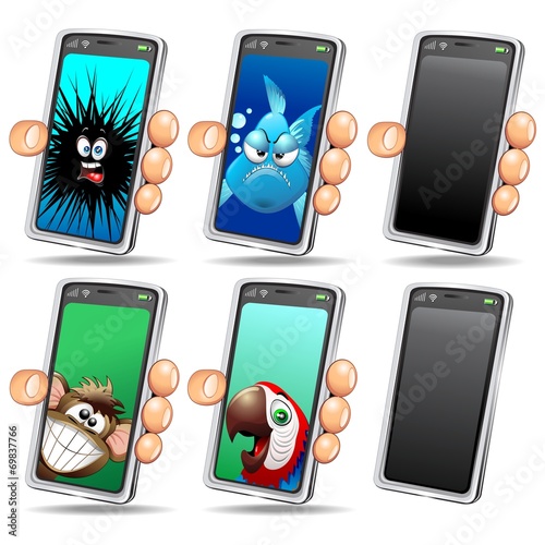 Set of Fun Selfie Animals Cartoon Faces on Smartphone