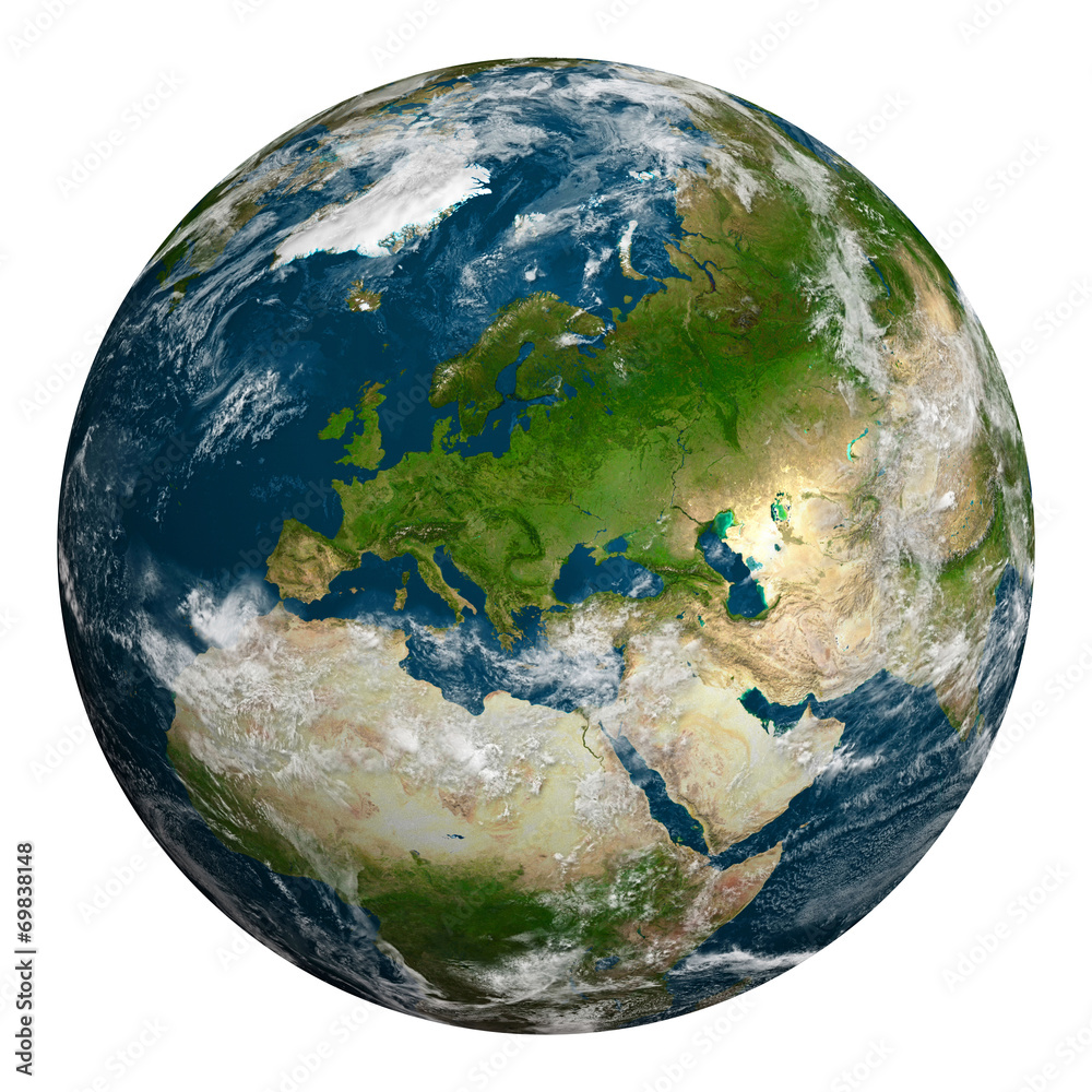 Fototapeta premium Planeta Ziemia z chmurami. Europa, część Afryki i Azji.