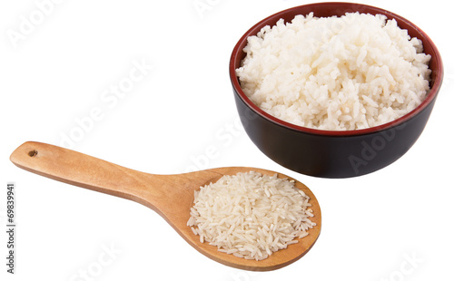 Raw and cooked rice over white background