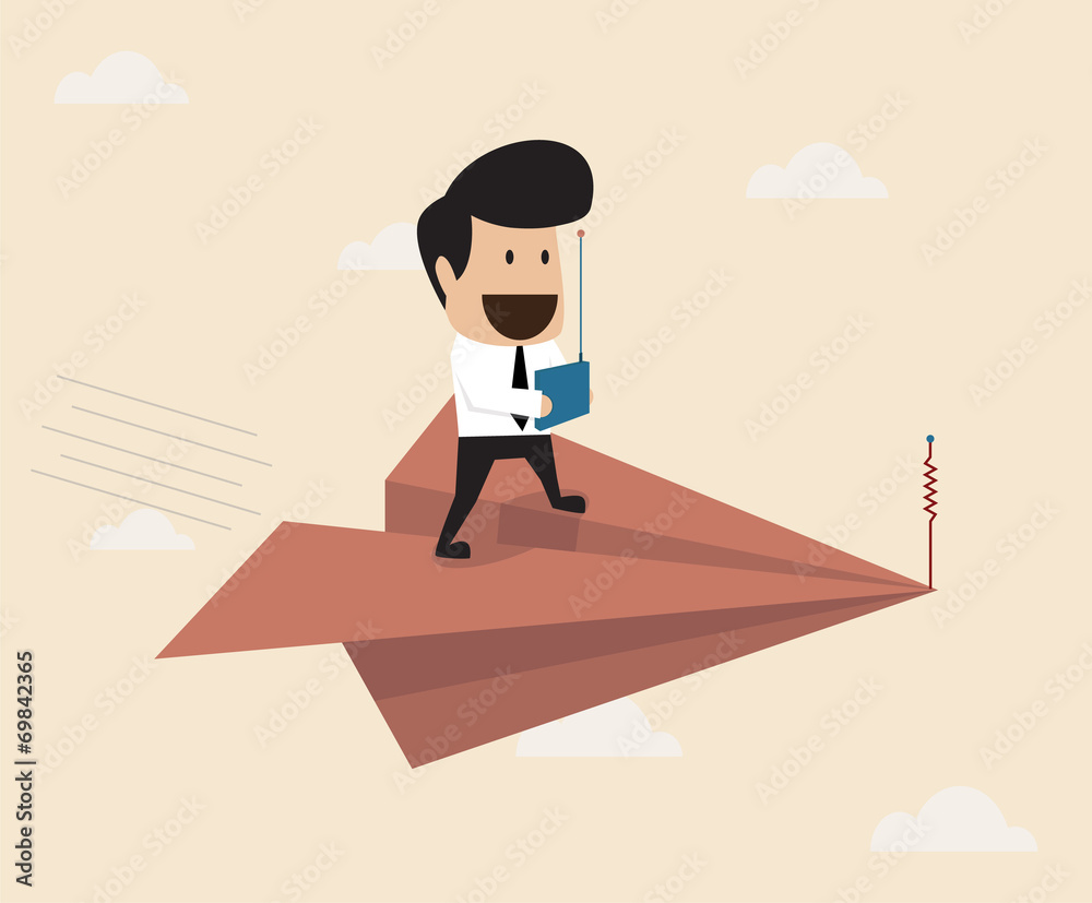 Businessman fly with remote control paper plane Businessman fly with remote control paper plane
