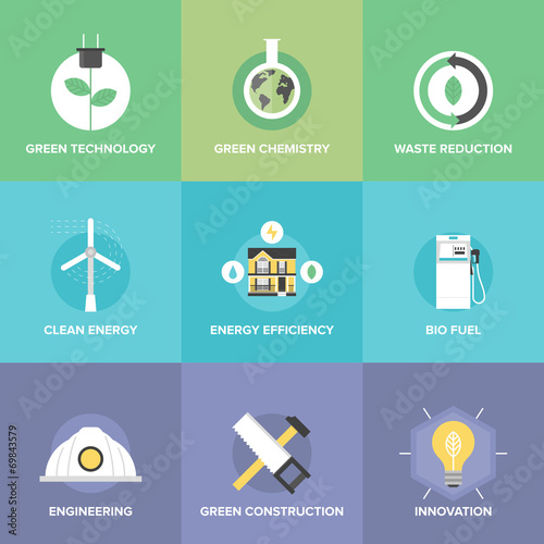 Green technology and innovations flat icons set