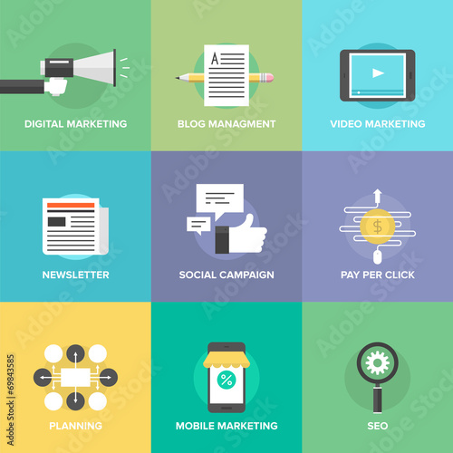 Social media marketing and development flat icons