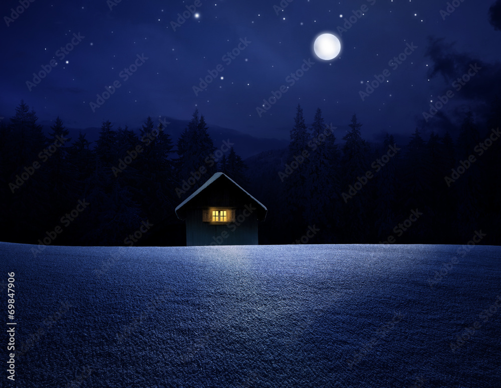 Fototapeta premium Waldhütte bei Vollmondnacht