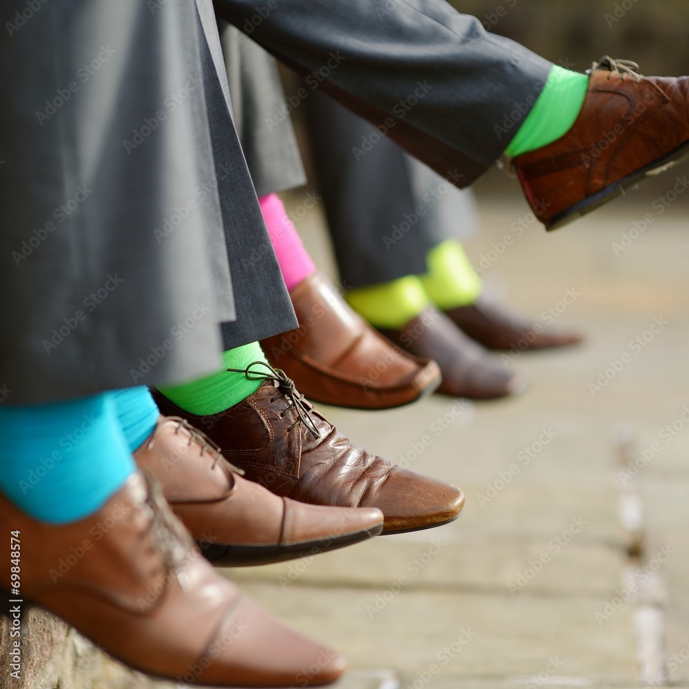 Colorful socks of groomsmen - obrazy, fototapety, plakaty 