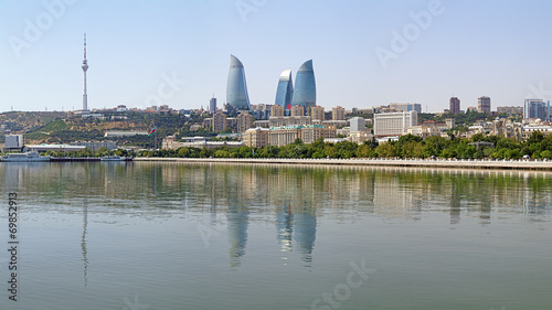 View of Baku downtown from Caspian Sea, Azerbaijan