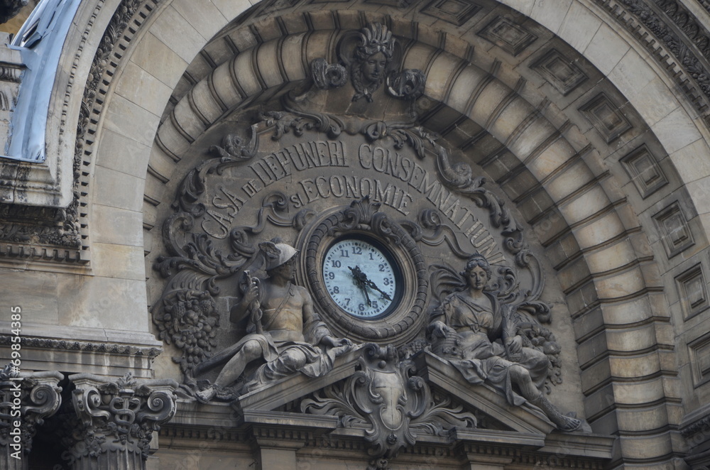 CEC palace, Bucharest, exterior clock detail