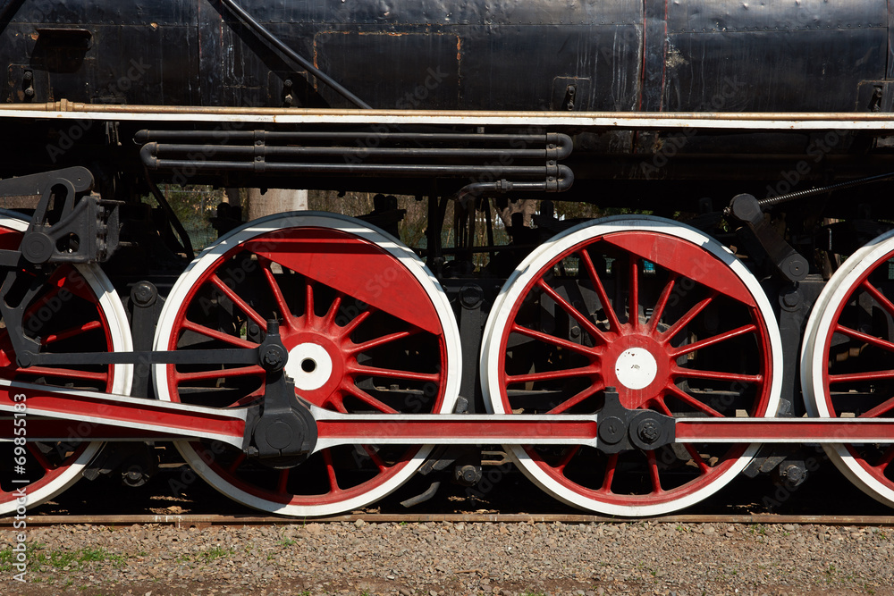 Wheels of a historic steam train in Santiago, Chile