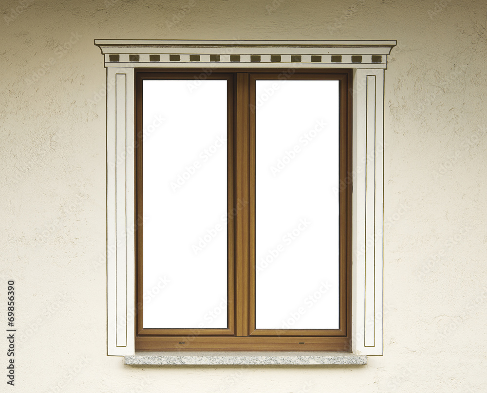 Wall decorations and wooden window with white curtains