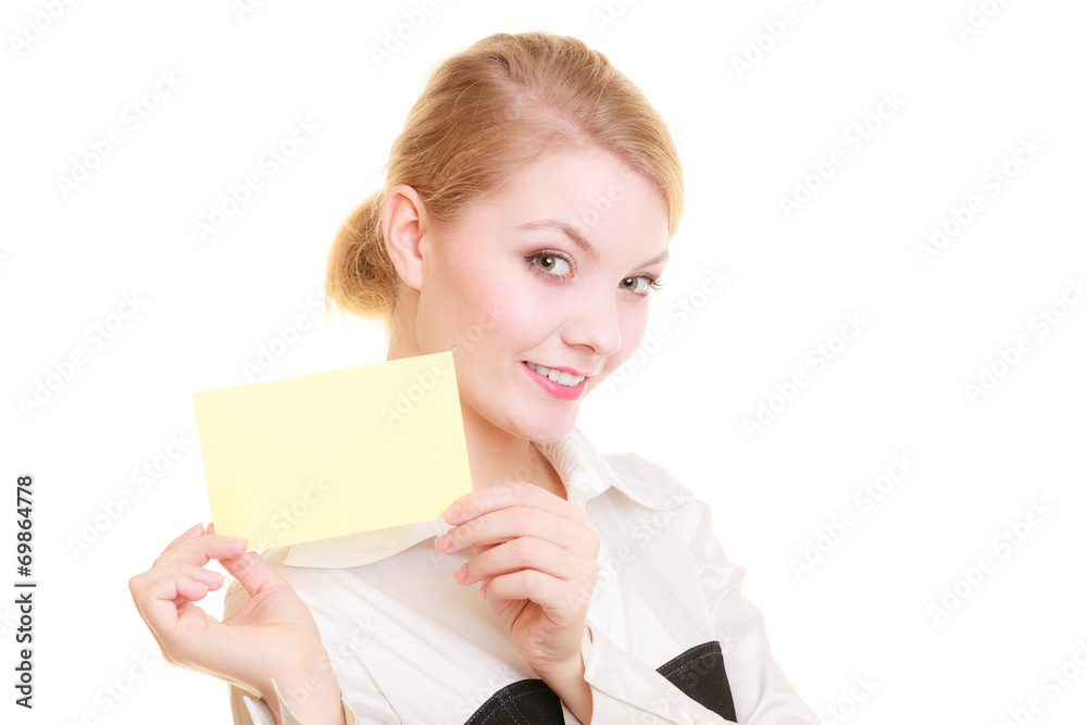 Ad. Businesswoman holding blank copy space card Ad. Businesswoman holding blank copy space card