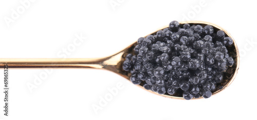 Black caviar in spoon isolated on white