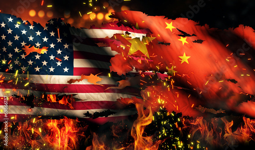Canvas Print USA China National Flag War Torn Fire International Conflict 3D