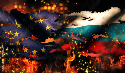 Europe Russia Flag War Torn Fire International Conflict 3D