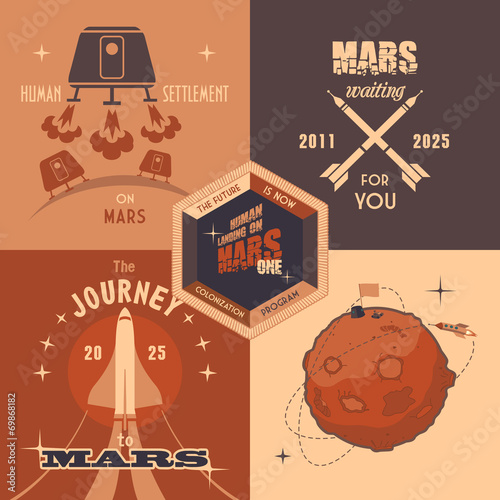 Mars colonization program flat design labels