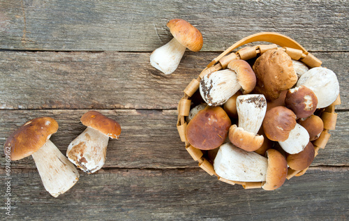 boletus mushrooms in a basket on wooden surface