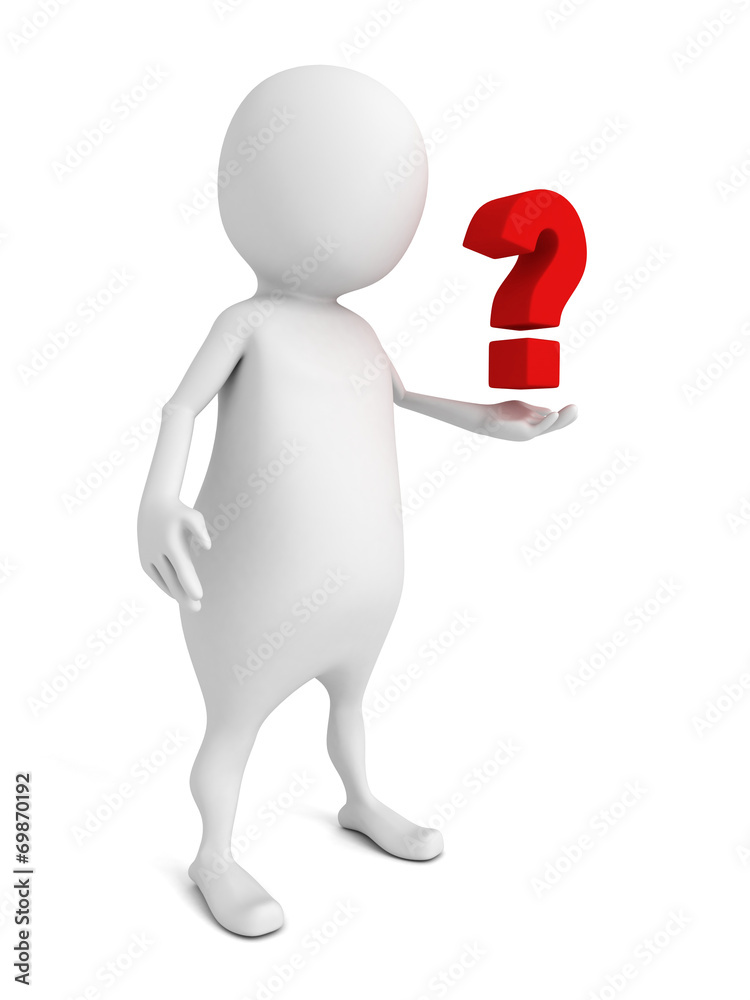 3d man looking at red question mark in his hand 3d man looking at red question mark in his hand