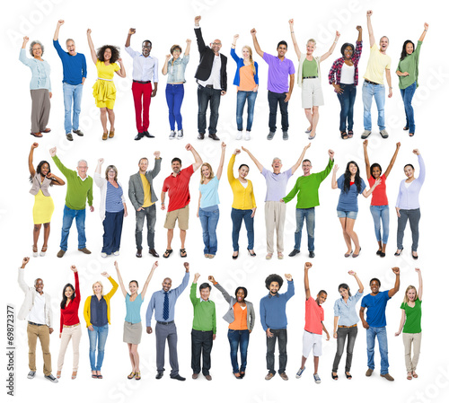 Multi-Ethnic People in a Row with Arms Raised