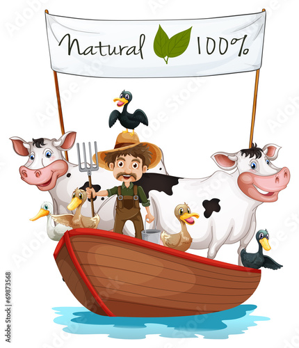 A farmer on a boat with his animals