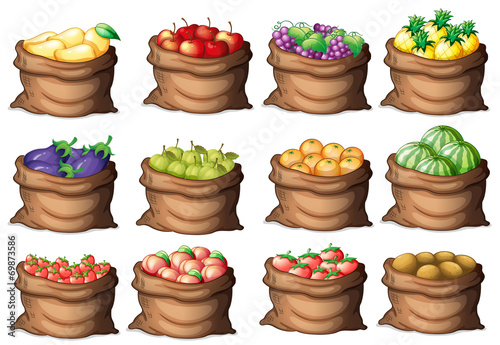 Sacks with different fruits