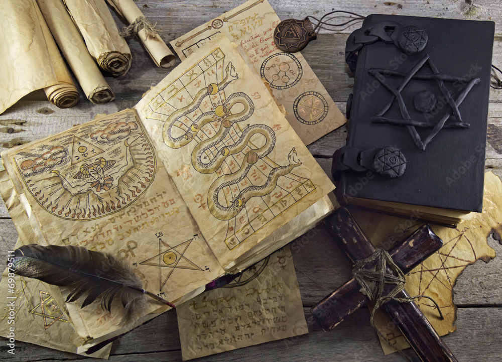 Naklejka premium Still life with magic objects and books