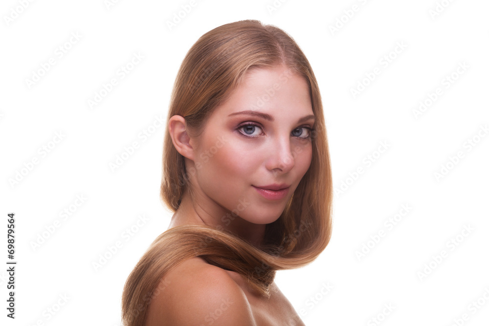 Woman with healthy long hair on white background Woman with healthy long hair on white background