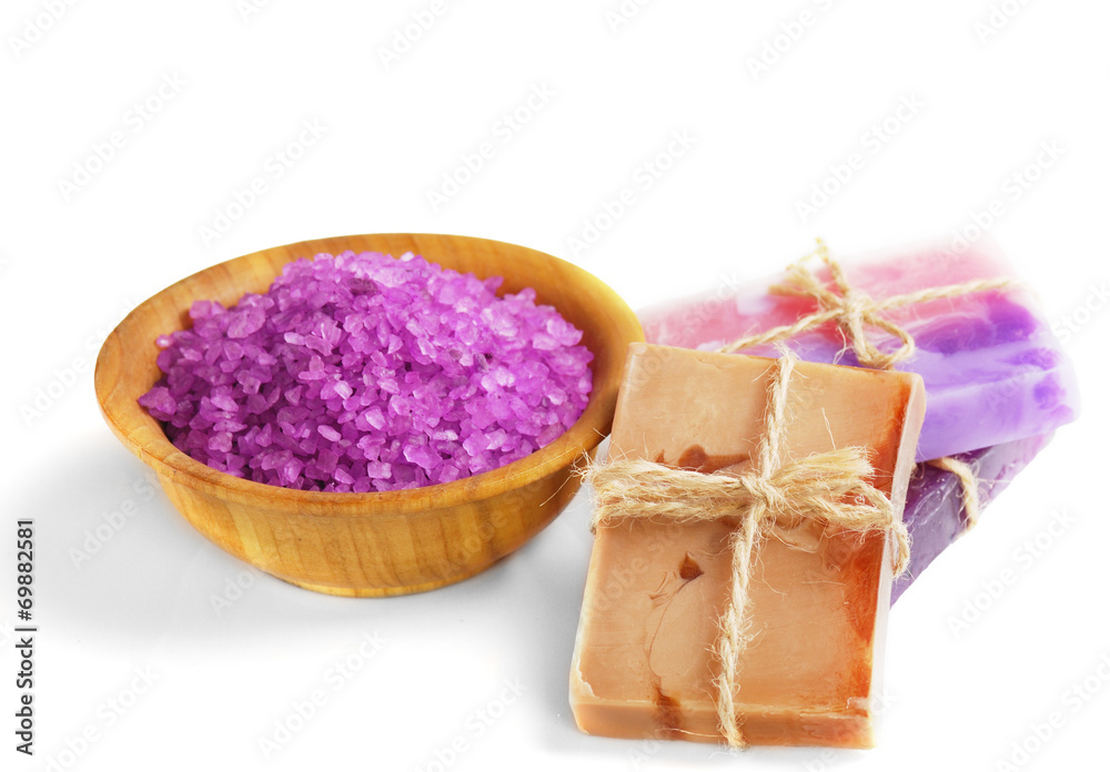 Spa setting with natural soap and sea salt Spa setting with natural soap and sea salt
