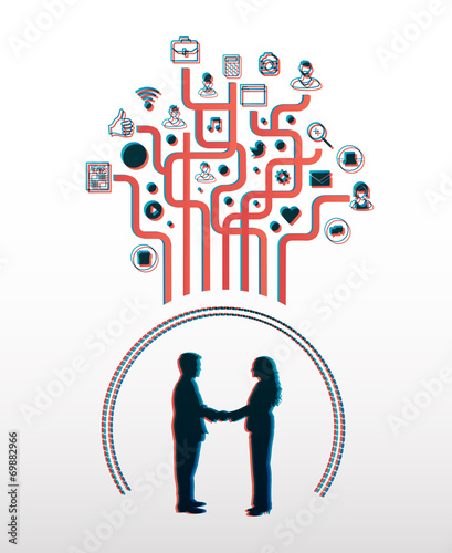 Business people shaking hands with app icons in 3d
