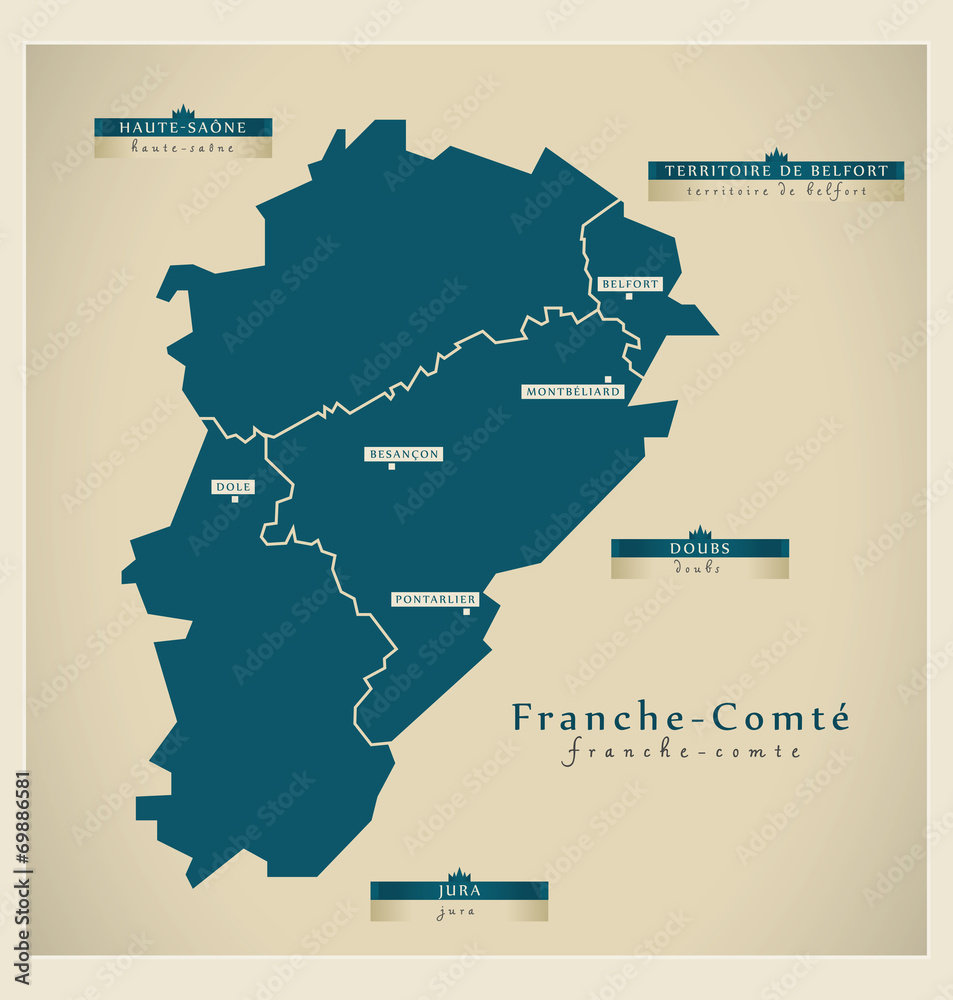 Moderne Landkarte - Franche-Comte FR