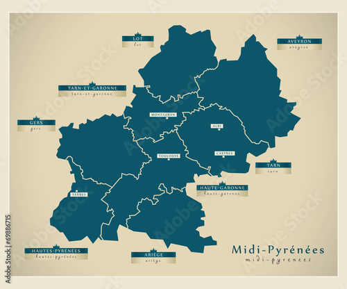 Moderne Landkarte - Midi-Pyrenees FR