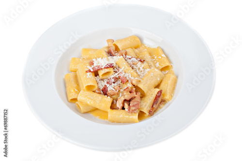 Obraz na plátně Iitalian rigatoni plate with prosciutto, parmesan cheese