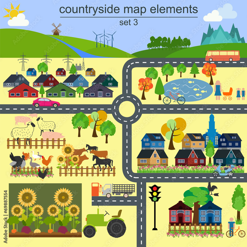 Contryside map elements for generating your own infographics, ma