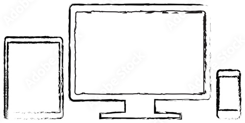 Modern Monitor With Smart Phone And Tablet Doodle Drawing