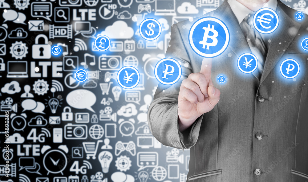 Choosing bitcoins, businessman pressing touch screen button. Choosing bitcoins, businessman pressing touch screen button.