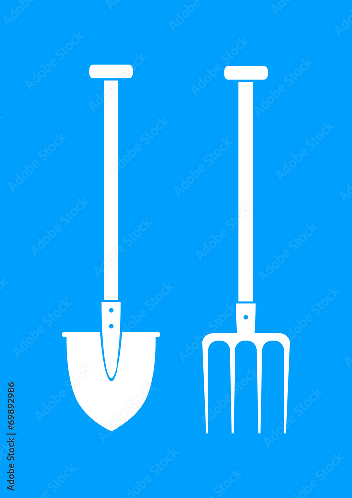 White spade and pitchfork on blue background White spade and pitchfork on blue background