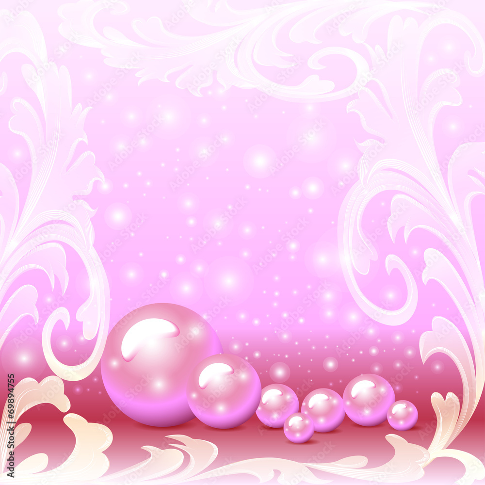 of a pink background with a scattering of pearls and ornaments