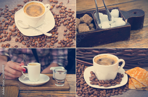 cup of coffee and coffee beans on wooden table