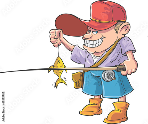 Cartoon fisherman caught a fish