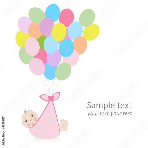 Baby greeting card with ballons and newborn baby vector