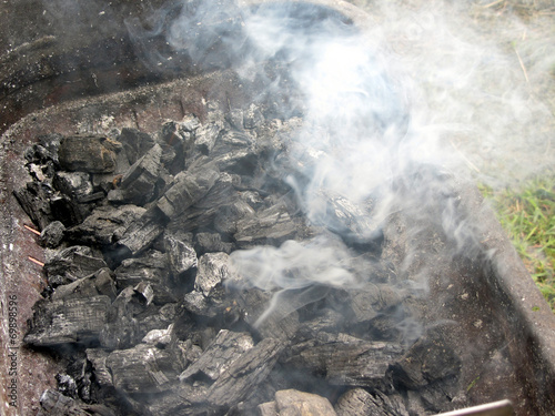 Smoking burning charcoal on barbecue