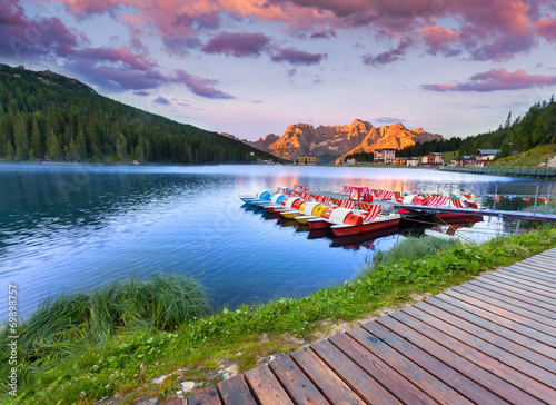 Colorful summer sunrise on the Lake Misurina, in Italy Alps, Tre