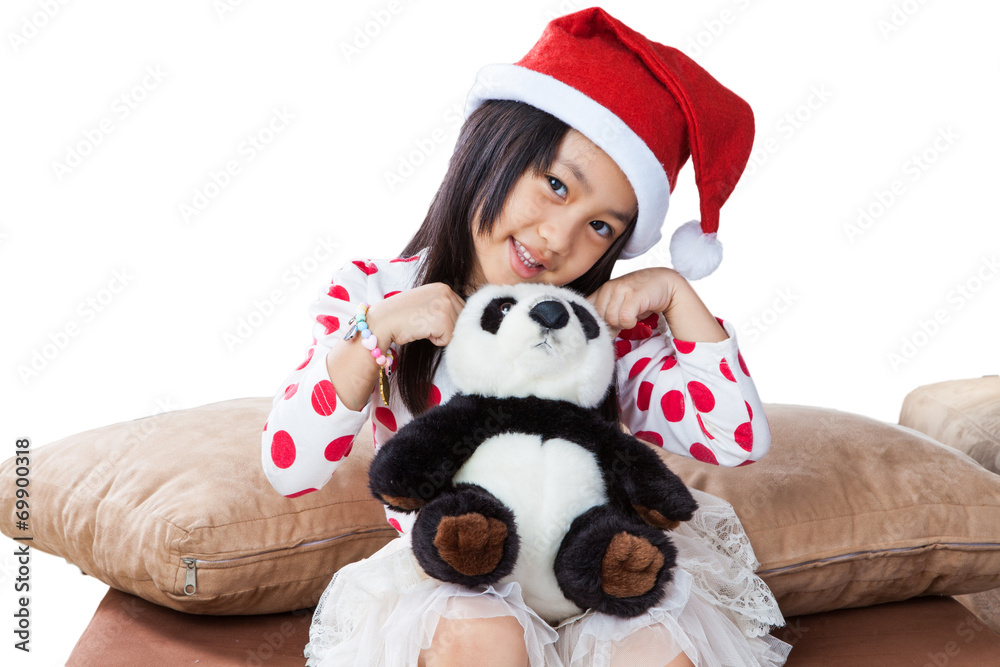 smiling girl in santa helper hat with teddy bear smiling girl in santa helper hat with teddy bear