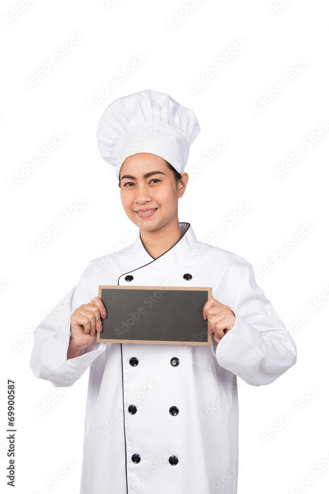 young woman chef holding black board young woman chef holding black board