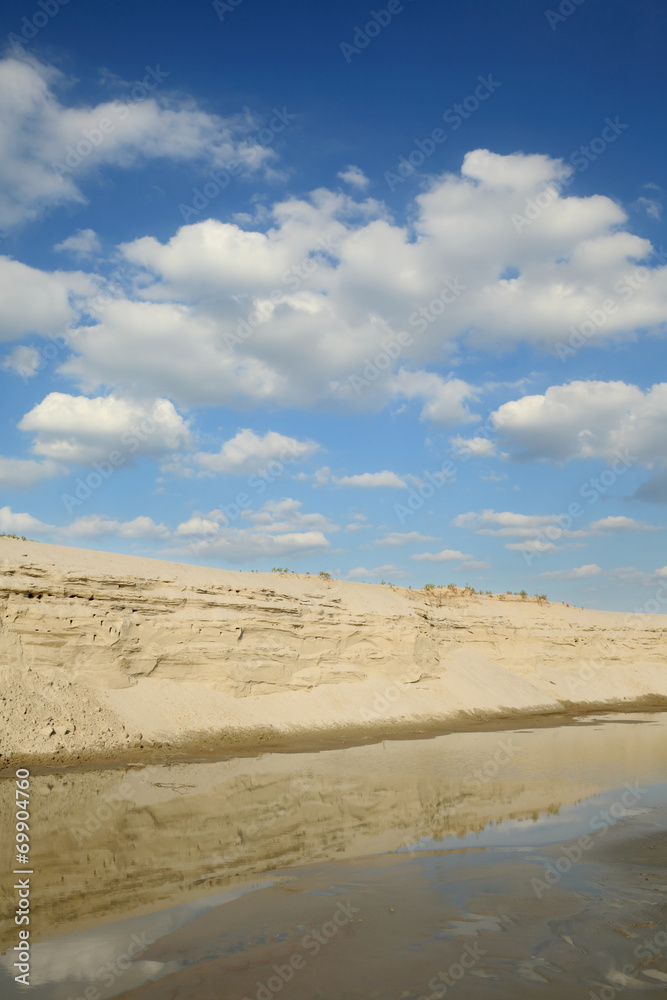 Sand quarry, heap of sand and puddle, beautiful landscape Sand quarry, heap of sand and puddle, beautiful landscape