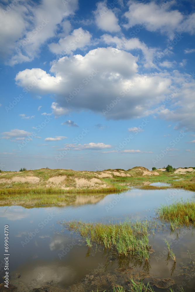 Marsh after sand excavation, landscape with beautiful sky