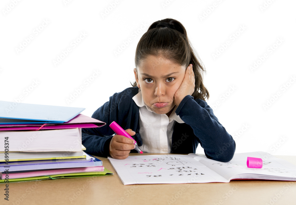hispanic school girl bored in stress with upset face expression hispanic school girl bored in stress with upset face expression