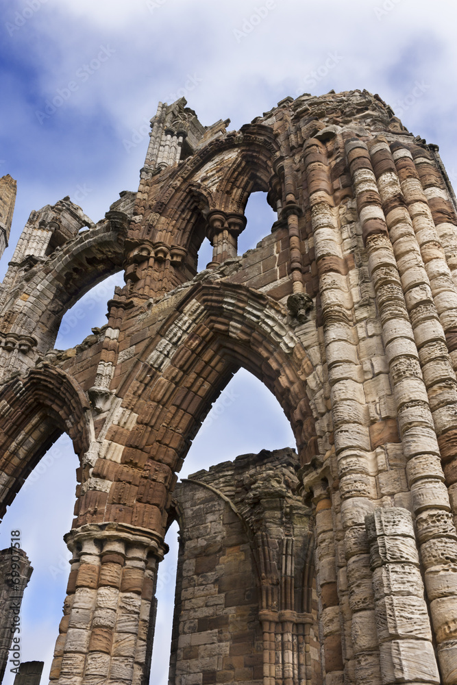 Whitby Abbey ruins against a blue sky