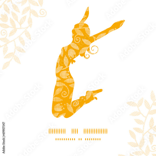 Sunny jumping girl golden leaves pattern background frame